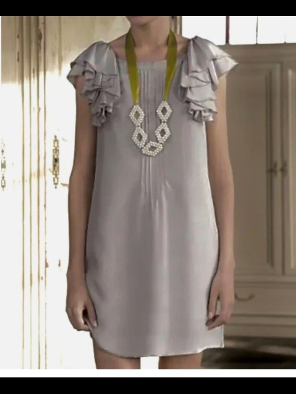 Floreat Anthropologie Silver Silk Ruffle Sleeve Shift Dress